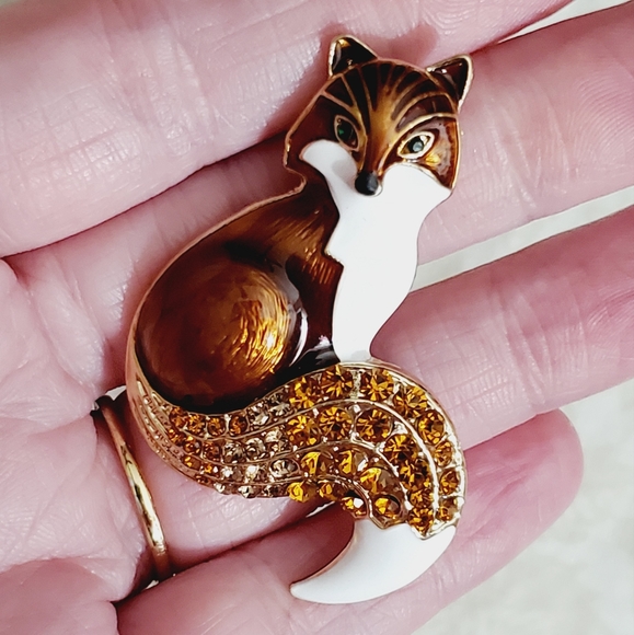Fox brooch enamel crystal brown fall autumn animal woodland necklace pendant - Picture 5 of 9